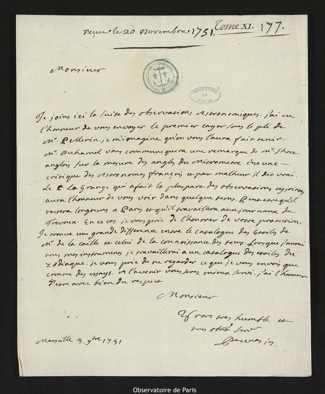 Lettre de Esprit Pezenas à Joseph-Nicolas Delisle, Marseille, 3 novembre 1751