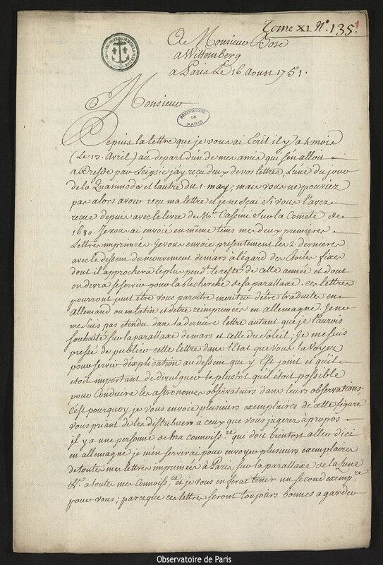 Lettre de Joseph-Nicolas Delisle à Georg Matthias Bose, Paris, 16 août 1751