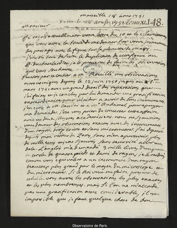 Lettre de Esprit Pezenas à Joseph-Nicolas Delisle, Marseille, 18 août 1751