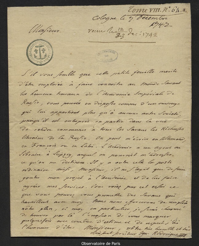 Lettre de Jean Ignace Roderique à Joseph-Nicolas Delisle, Cologne, 7 décembre 1742