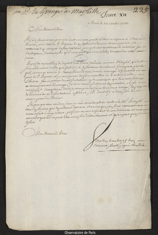 Lettre de Joseph-Nicolas Delisle à Louis Lagrange, Paris, 24 octobre 1753