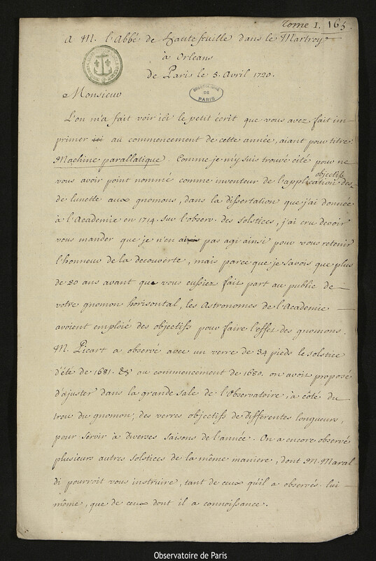 Lettre de Joseph-Nicolas Delisle à Jean de Hautefeuille, Paris, 5 avril 1720