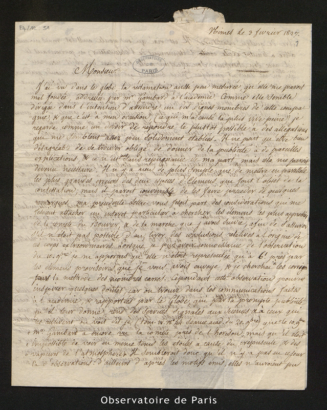 Lettre de Benj. Valz à François Arago, Nîmes le 3 février 1827