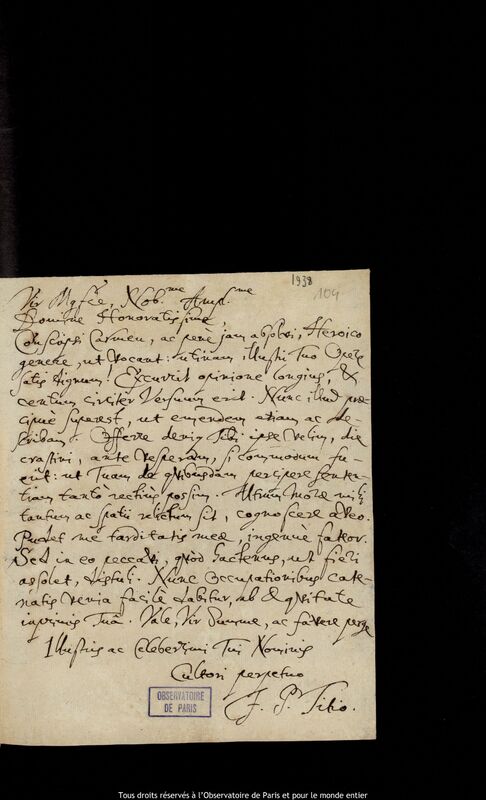 Lettre de Johann Peter Titz à Jan Heweliusz, Gdansk, septembre 1678