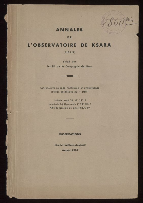 (1937) Annales de l'Observatoire de Ksara (Liban). Observations (Section Météorologique)