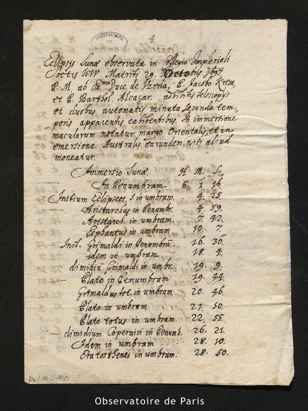 Lettre de Kresa à Cassini I, Madrid le 29 octobre 1697