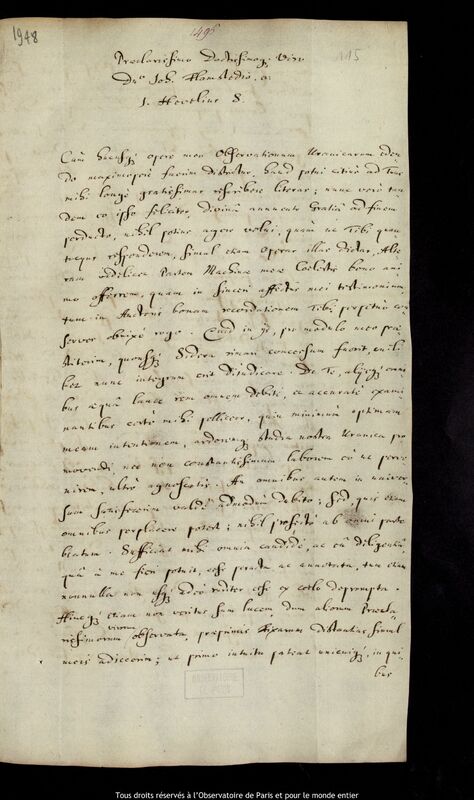 Lettre de Jan Heweliusz à John Flamsteed, Gdansk, 24 avril 1679