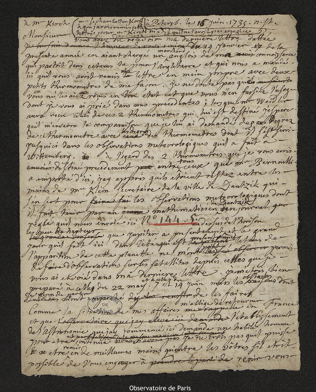 Lettre de Joseph-Nicolas Delisle à Christfried Kirch, Saint-Pétersbourg,16 juin 1735