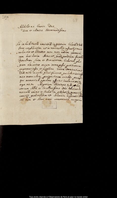 Lettre de Michal Dzialynski à Jan Heweliusz, Malbork, 21 décembre 1681