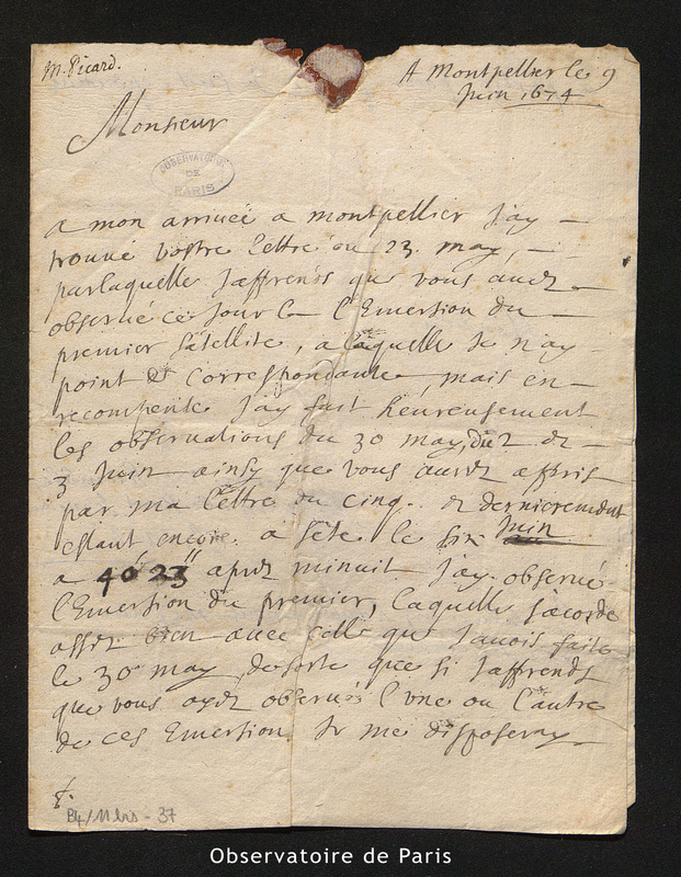 Lettre de Picard à Cassini I, Montpellier le 9 juin 1674