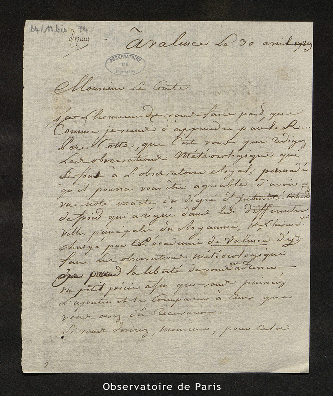 Lettre de M. De Rozières à Monsieur le Comte [de Cassini], Valence le 30 avril 1789