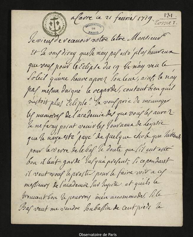 Lettre de Jacques d'Allonville de Louville à Joseph-Nicolas Delisle, Lieu-dit Le Clos du Petit Carré, 21 février 1719