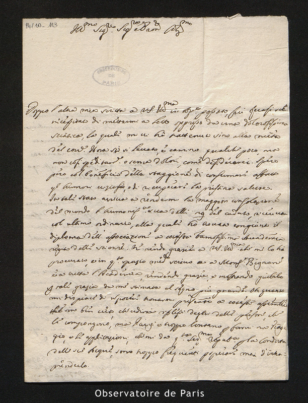 Lettre de Guglielmini à Cassini I, Padoue le 26 juin 1699