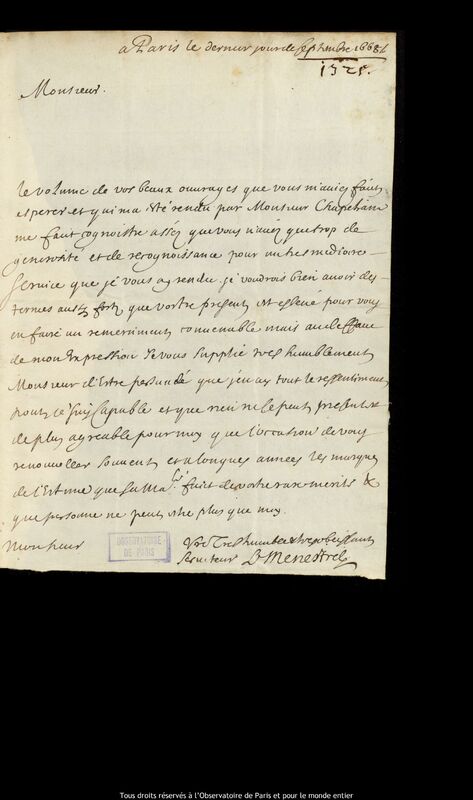 Lettre d'Antoine-Gédéon Le Ménestrel de Hauguel à Jan Heweliusz, Paris, 30 septembre 1668