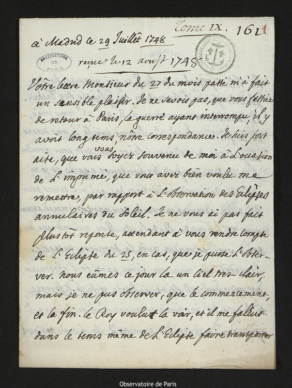 Lettre de Francesco Gonzaga, duc de Solférino à Joseph-Nicolas Delisle, Madrid, 29 juillet 1748