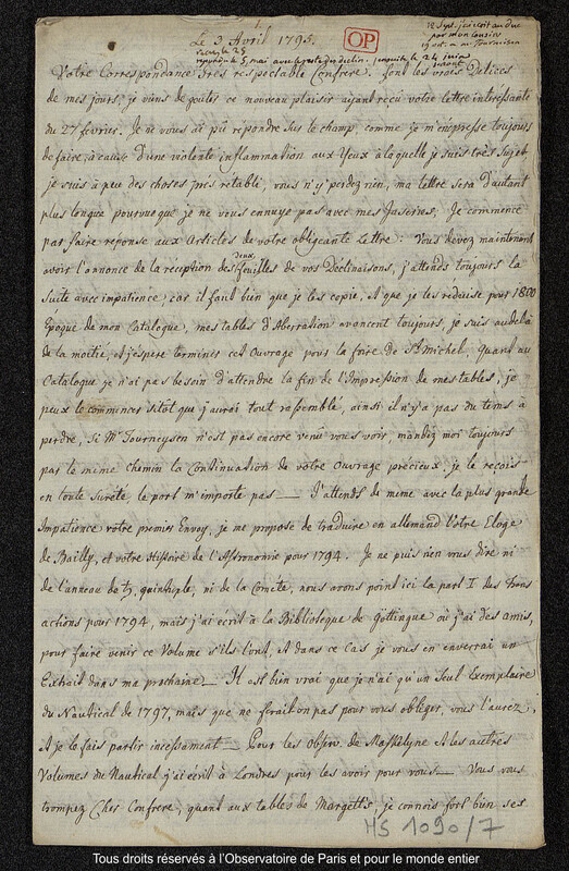 Lettre du baron Franz Xaver von Zach à Joseph Jérôme Le françois de Lalande [Gotha],3 avril 1795