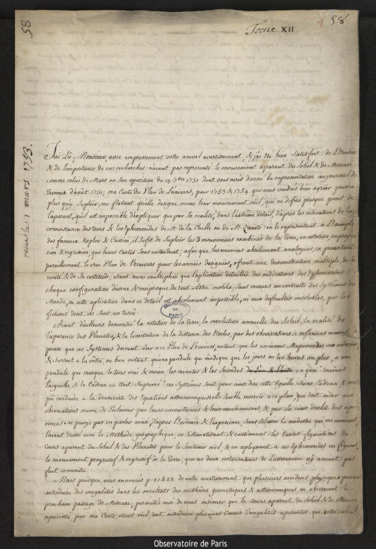 Lettre de Jean-Baptiste Antoine de Brancas à Joseph-Nicolas Delisle, Bérei près les Doctrinaires, 1 mars 1753