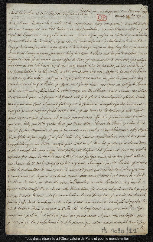 Lettre du baron Franz Xaver von Zach à Joseph Jérôme Le françois de Lalande Gotha, 12 décembre 1796