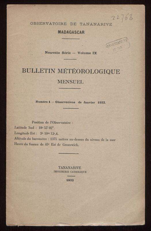 (1932) Bulletin météorologique mensuel de l'Observatoire de Tananarive