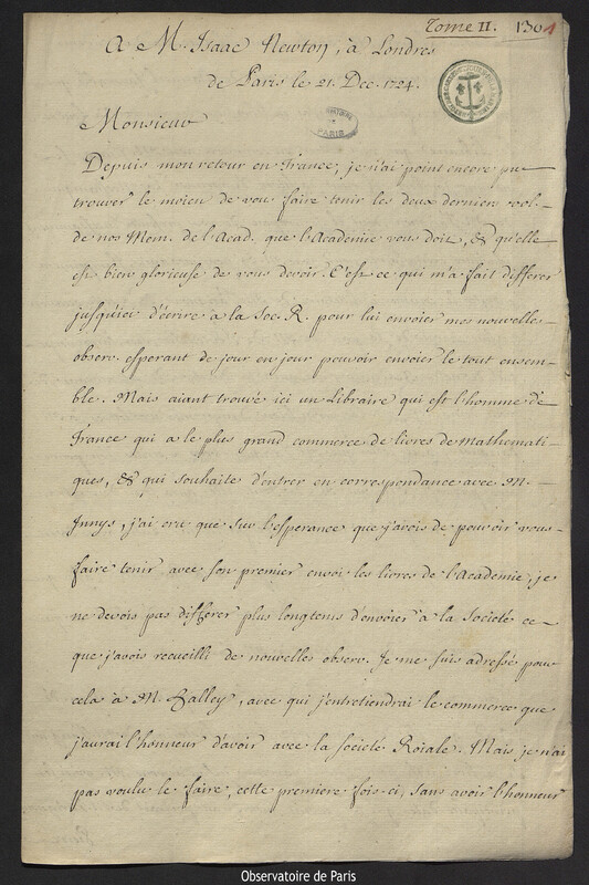 Lettre de Joseph-Nicolas Delisle à Isaac Newton, Paris, 21 décembre 1724