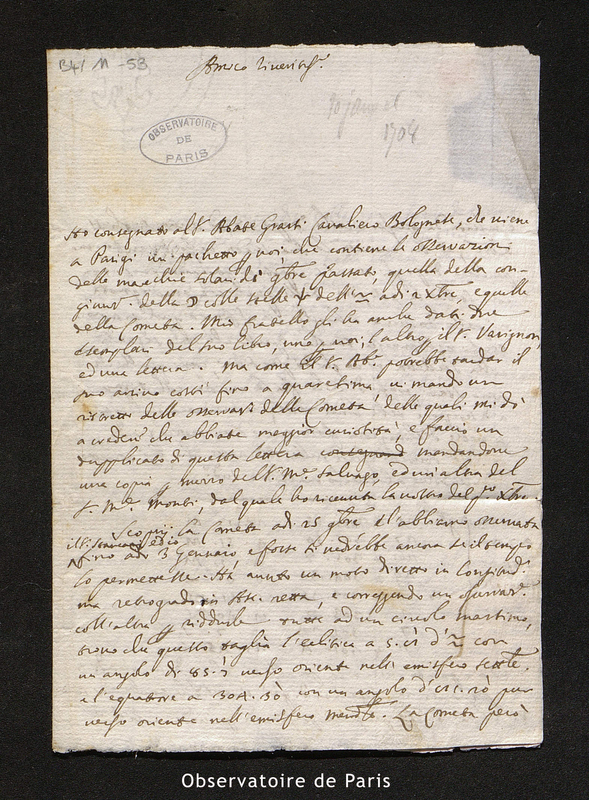 Lettre de Manfredi à Maraldi, Bologne le 10 janvier 1702