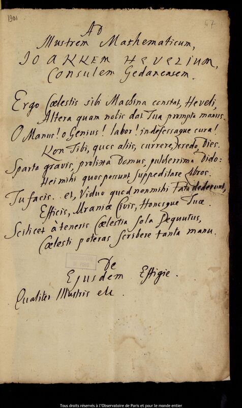 Texte manuscrit de Johann Ernst von Schmieden à Jan Heweliusz, 1678