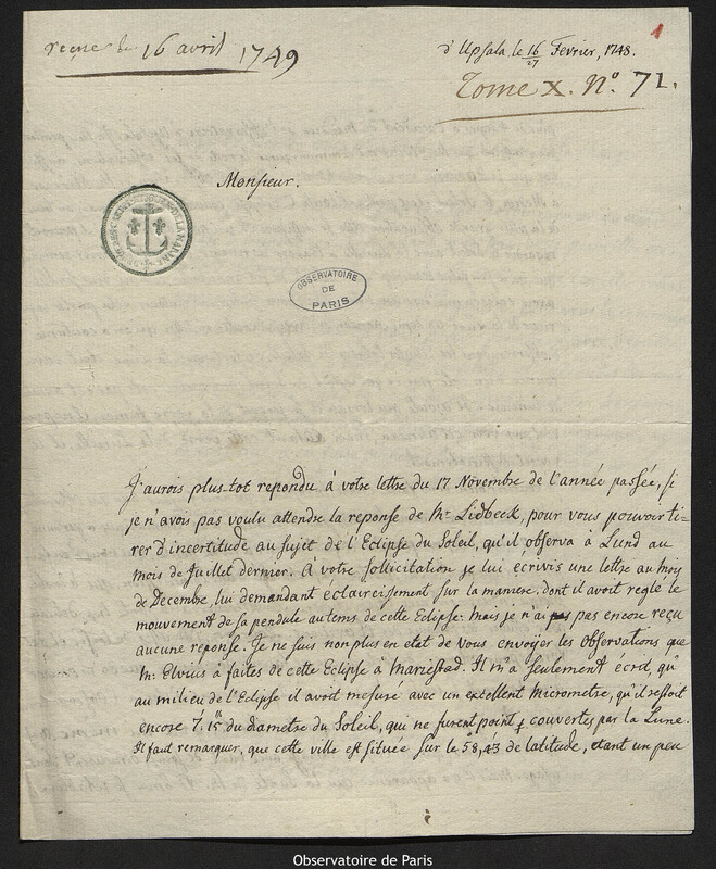 Lettre de Pehr Wilhelm Wargentin à Joseph-Nicolas Delisle, Uppsala, 27 février 1749