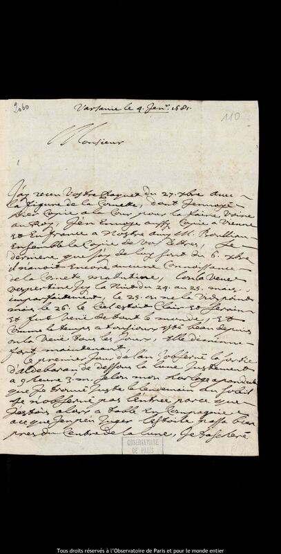 Lettre de Pierre Des Noyers à Jan Heweliusz, Varsovie, 4 janvier 1681