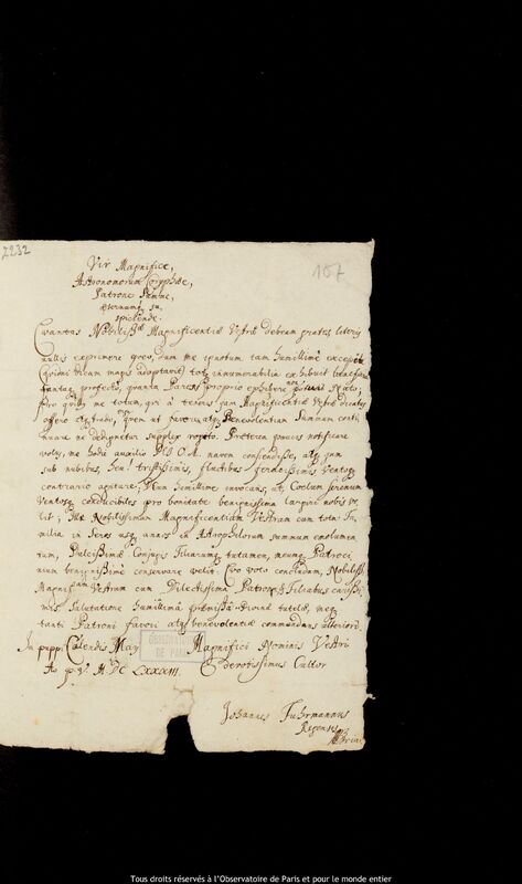 Lettre de Johann Fuhrmann à Jan Heweliusz, Gdansk, 1er mai 1683