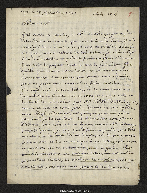 Lettre de Pierre-Louis Le Roy à Joseph-Nicolas Delisle, Genève, 19 septembre 1759