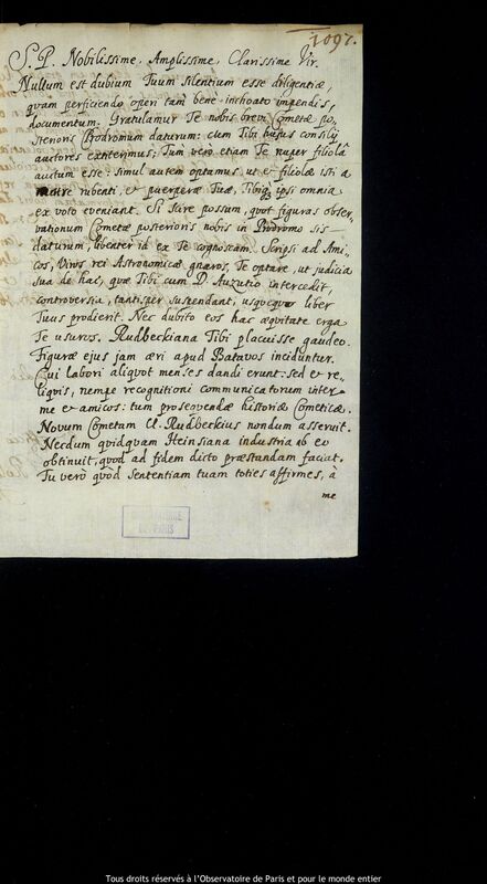 Lettre de Stanislaw Lubieniecki à Jan Heweliusz, Hambourg, 26 février 1666