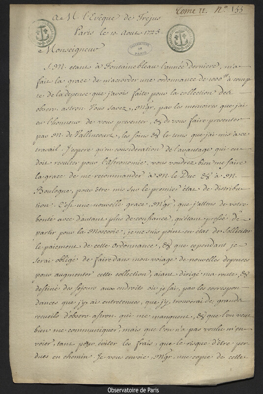 Lettre de Joseph-Nicolas Delisle à l'Evêque de Fréjus, Paris, 10 août 1725