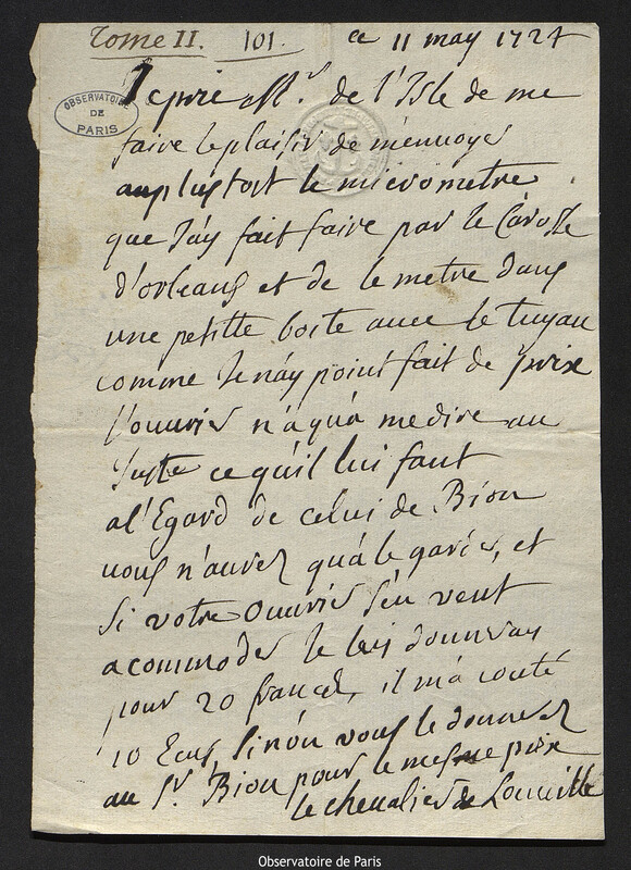 Lettre de Jacques d'Allonville de Louville à Joseph-Nicolas Delisle, 11 mai 1724