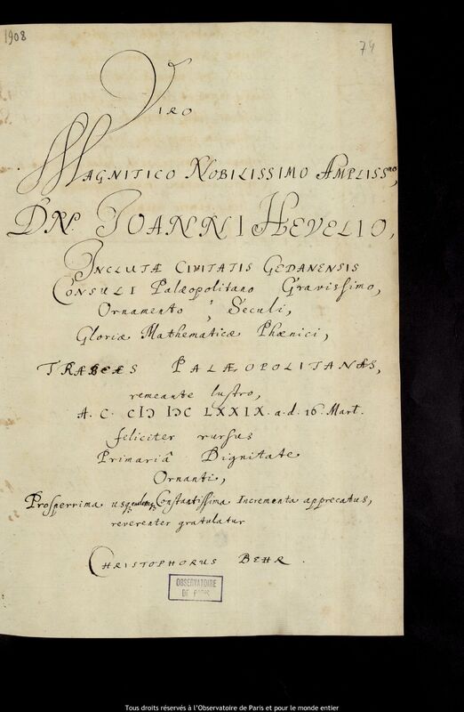 Texte manuscrit de Christoph Behr à Jan Heweliusz, 16 mars 1679