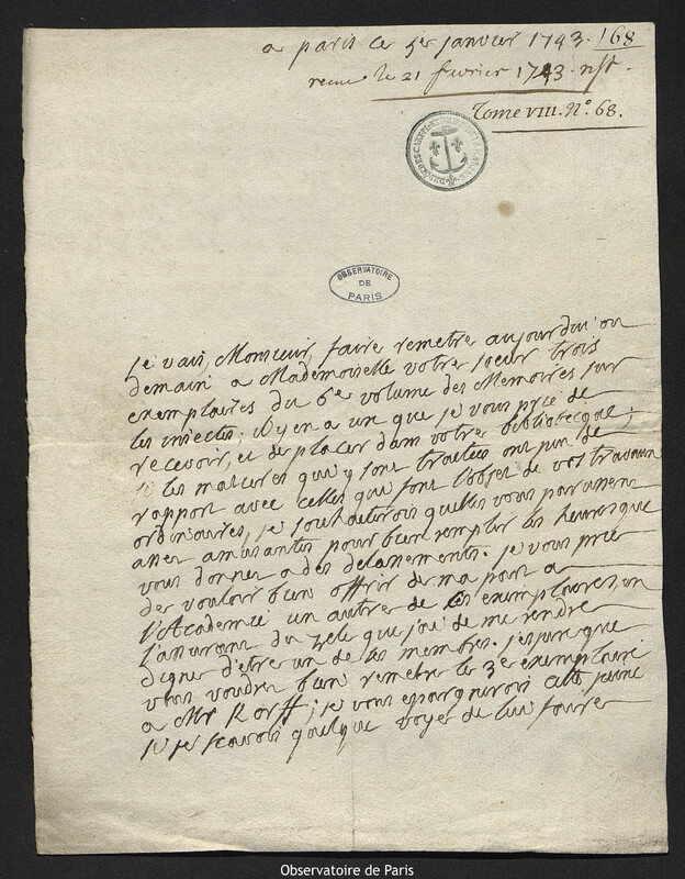 Lettre de René Antoine Ferchault de Réaumur à Joseph-Nicolas Delisle, Paris, 1 janvier 1743