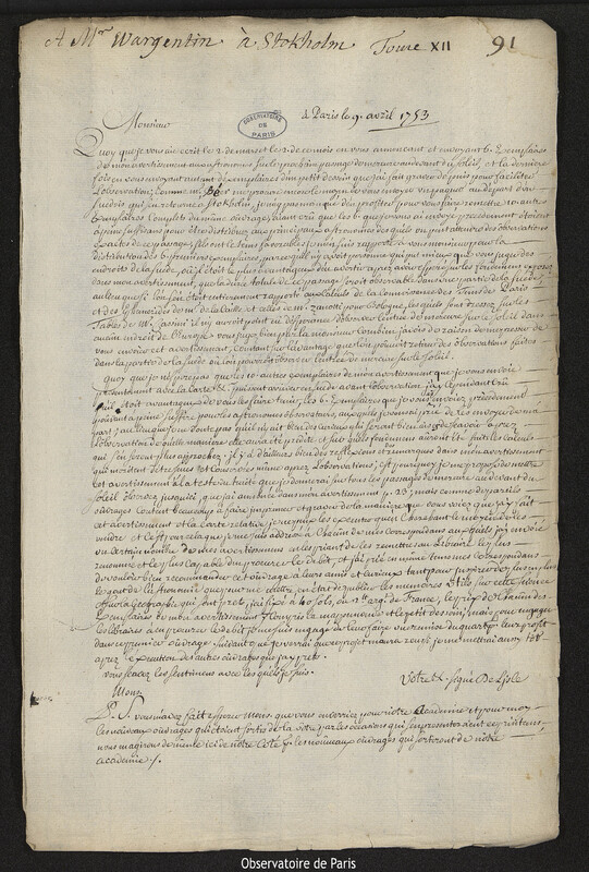 Lettre de Joseph-Nicolas Delisle à Pehr Wilhelm Wargentin, Paris, 9 avril 1753