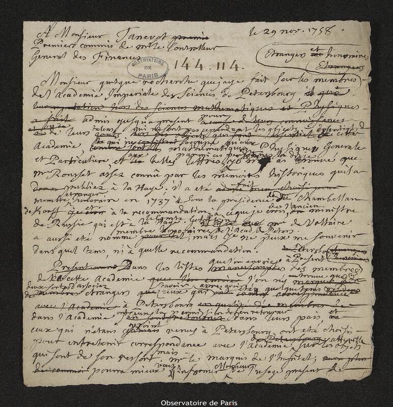 Lettre de Joseph-Nicolas Delisle à Alexandre Tanevot, 29 novembre 1758