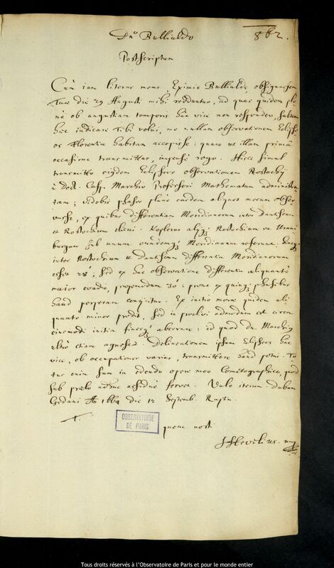 Lettre de Jan Heweliusz à Ismaël Boulliau, Gdansk, 12 septembre 1664