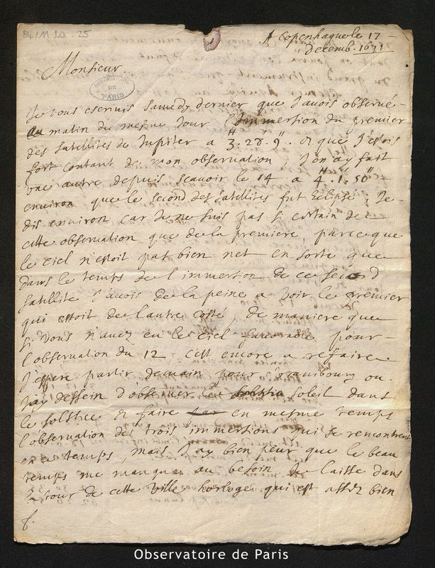 Lettre de Picard à Cassini I, Copenhague le 17 décembre 1671