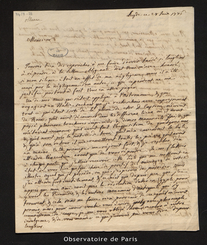 Lettre d'Allaman, Leyde le 28 juin 1776