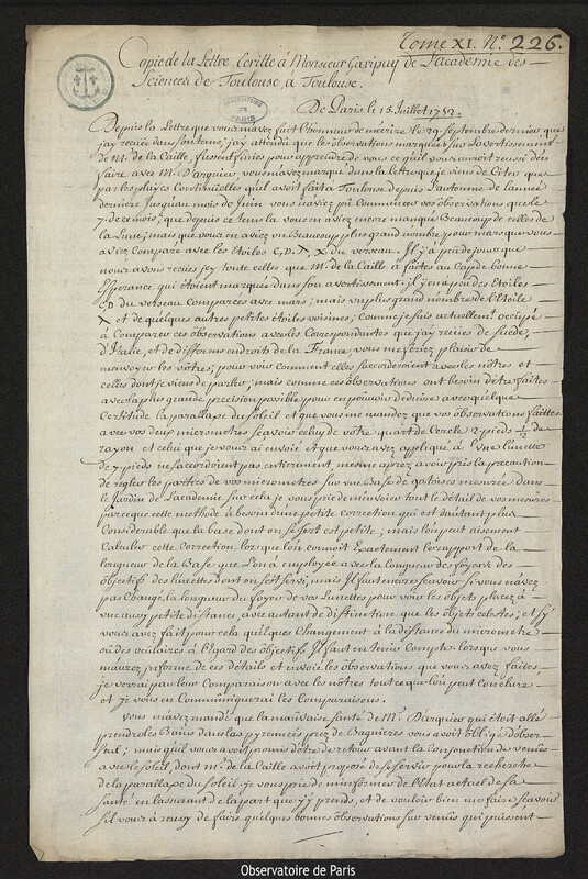 Lettre de Joseph-Nicolas Delisle à François-Philippe-Antoine Garipuy, Paris, 15 juillet 1752