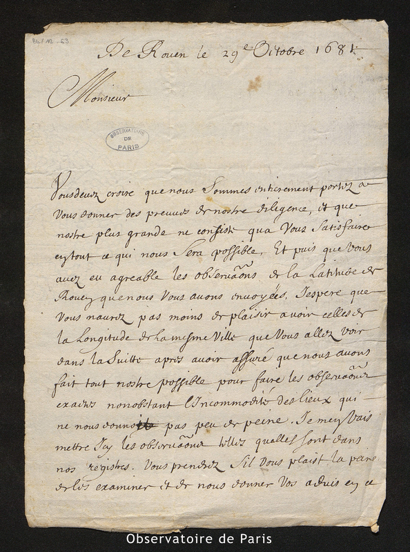 Lettre de Varin à Cassini I, Rouen le 29 octobre 1681