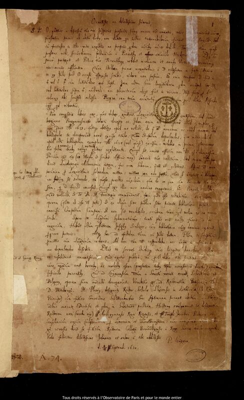 Lettre de Peter Crüger à Jan Heweliusz, Gdansk, 8 septembre 1630