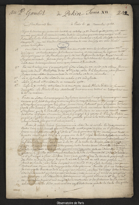 Lettre de Joseph-Nicolas Delisle à Antoine Gaubil, Paris, 11 novembre 1753