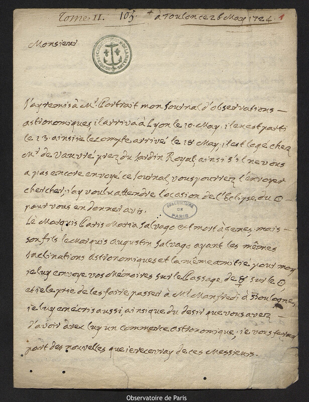 Lettre de Antoine-François Laval à Joseph-Nicolas Delisle, Toulon, 26 mai 1724