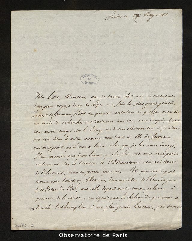 Lettre de De Saussure à [Cassini IV], Genève le 22 mai 1785