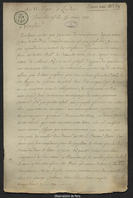 Lettre de Joseph-Nicolas Delisle à Vigor, Saint-Pétersbourg,26 mars 1742