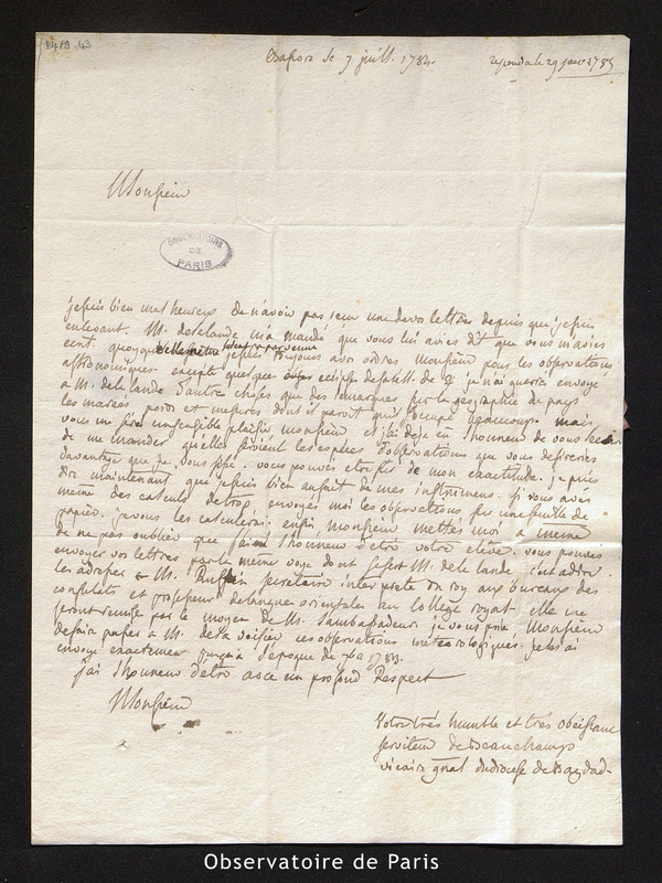 Lettre de Beauchamp à Cassini III, Bassora le 7 juillet 1784