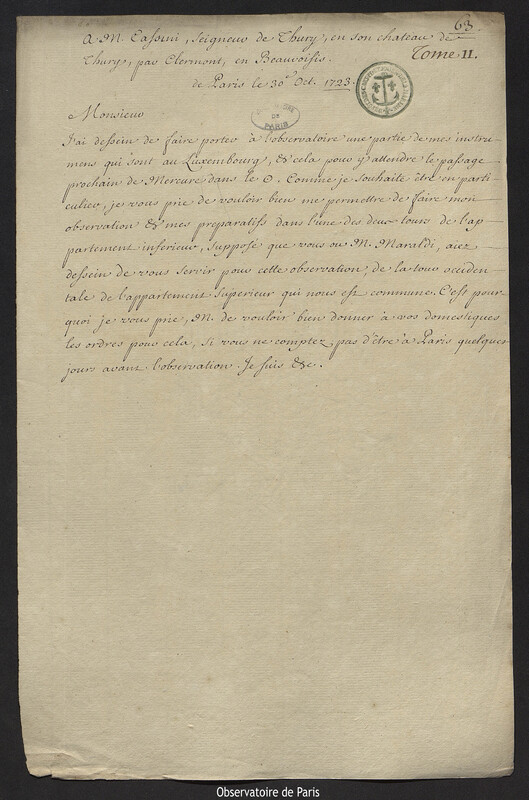 Lettre de Joseph-Nicolas Delisle à Jacques Cassini, Paris, 30 octobre 1723