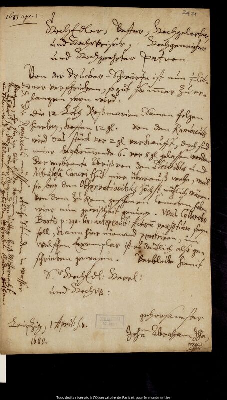 Lettre de Johann Abraham Ihle à Jan Heweliusz, Leipzig, 1er avril 1685